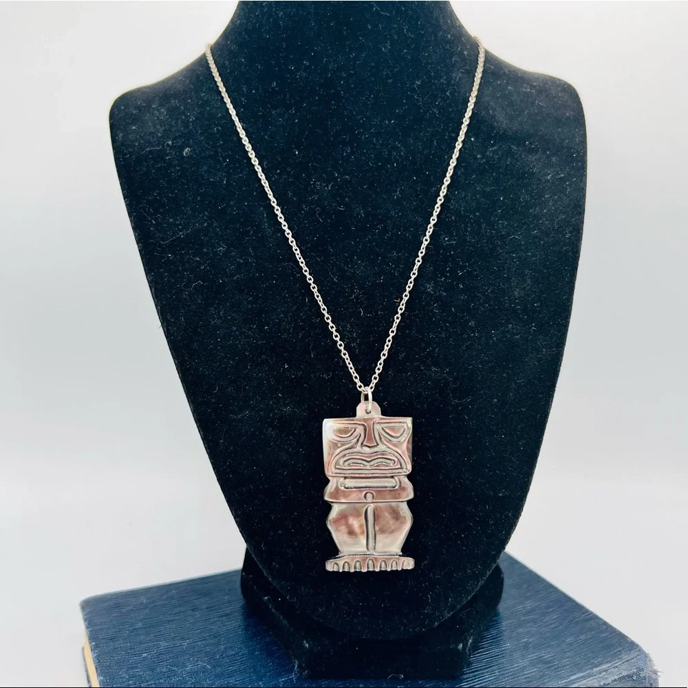 Vintage reversible carved mother of pearl tiki pendant tribal unique 18”